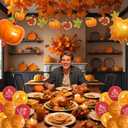 Thanksgiving Party Decorations Set, Turkey Themed Backdrop,Tablecloth, Balloons, Cake Toppers, Fall Theme Party Supplies