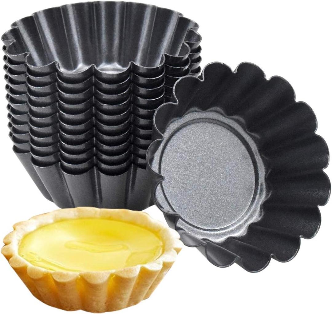 12 Piece Carbon Steel Tart Mould, Tart Mould, Muffin Mould, Egg Pie Mould, Non-Stick Reusable Baking Moulds for Cupcakes, Cakes, Desserts, Ice Cream