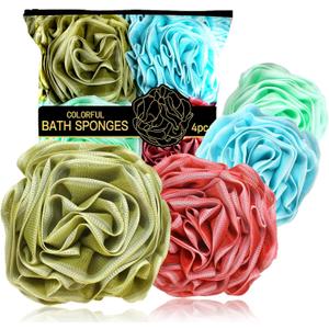Loofah Sponge 70g, Large Exfoliating Flower Bath Sponge, Soft Durable PE Mesh with Reinforced Knotting, Rich Lather Bath Scrubber for Body, for Travel or as a Holiday Gift (4Pack, Green, Red, Blue)