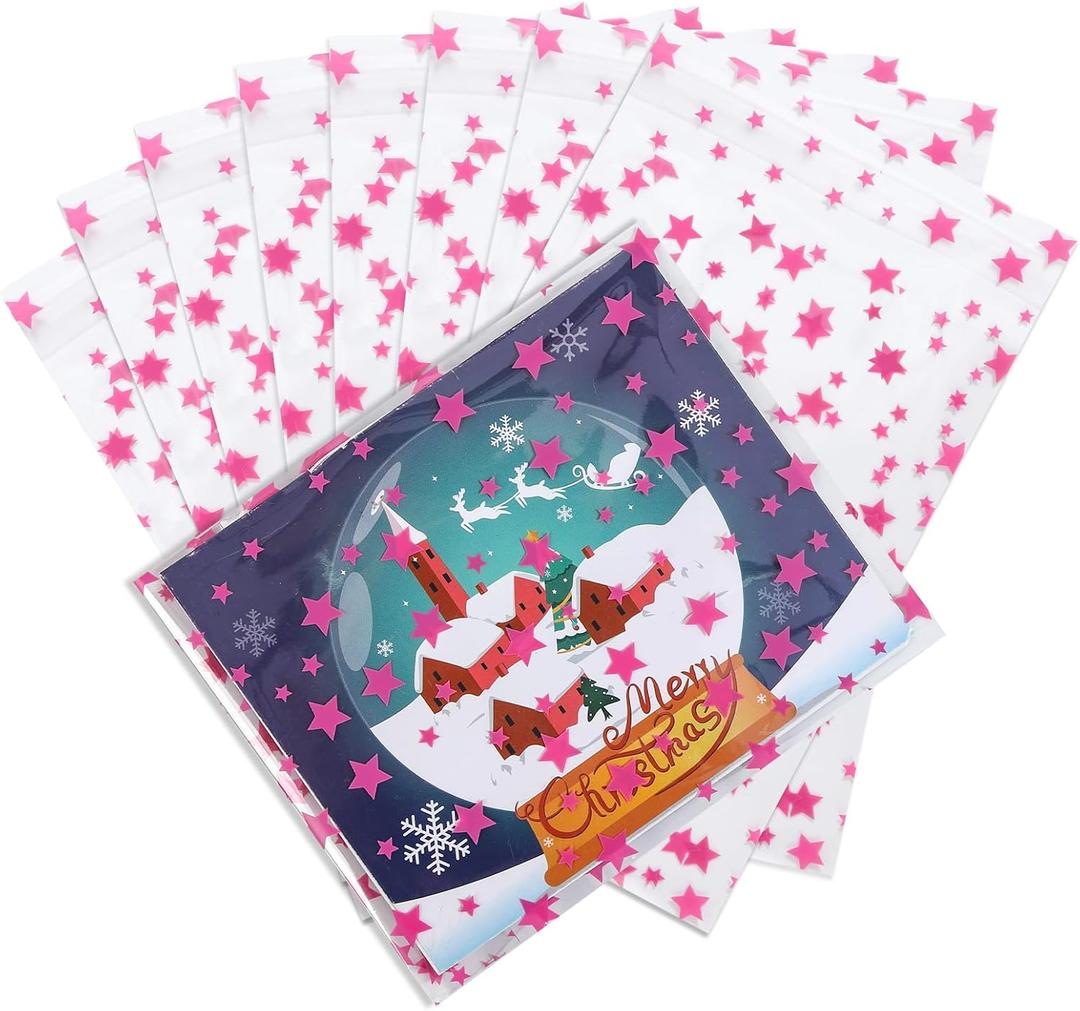 COQOFA 100 Pcs Star Printed Sealable Gift Wrap Cello Cellophane Bags Self sealing Adhensive Treat Bags Party Favor bags (5x7inch, Pink)