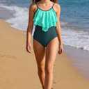 TUONROAD Girls Swimsuit Size 12 Dark Green One Piece Swimwear for Girls Size 11-12 Two Layer Ruffle Adjustable Straps Padding Bathing Suit
