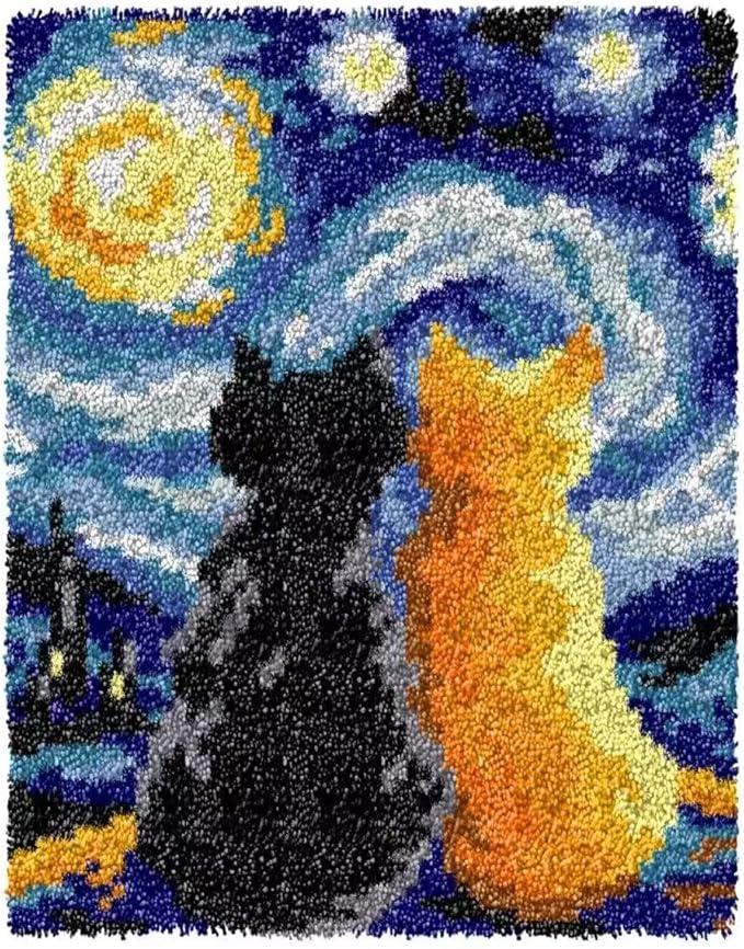 GLAECYY Latch Hook Kits Rug Crochet Yarn Kit Cushion Colour PrePrinted Canvas Rug Needlework DIY Hook and Latch Kit (Star Cat)