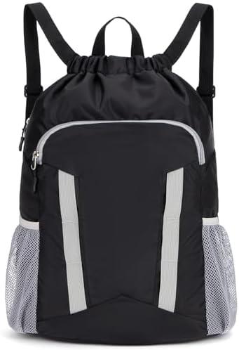 Veious Drawstring Backpack for Kids Sports Gym Bag with Shoes Compartment, Water Resistant Beach Swim Bag String Backpack for Boys and Girls, Black