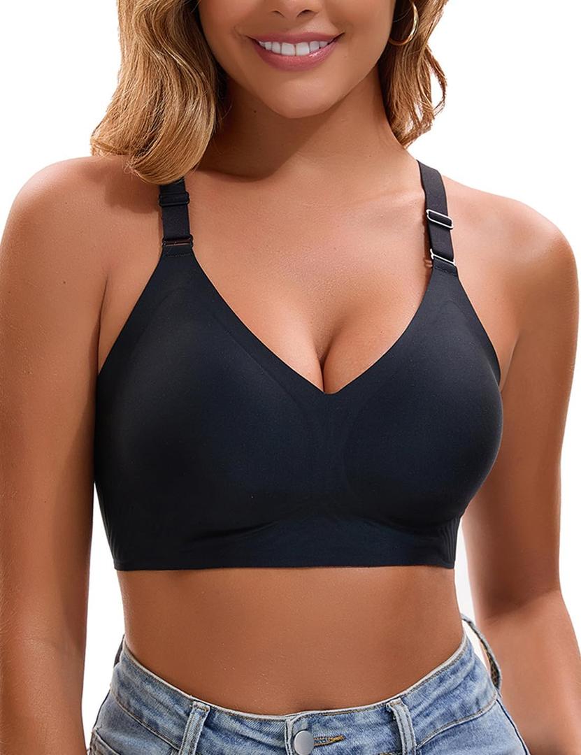 Womens Deep V Bras Wireless Comfortable Bra Supportive No Underwire Bras Tshirt Push Up Bralettes Plunge Seamless Bra (Black, S)