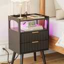 Nightstand with Charging Station, Small Bedside Table with Gold Frame, Morden Night Stand, End Table, Bedside Furniture, Side Table with Drawer and Shelf for Bedroom, Living Room (Black)