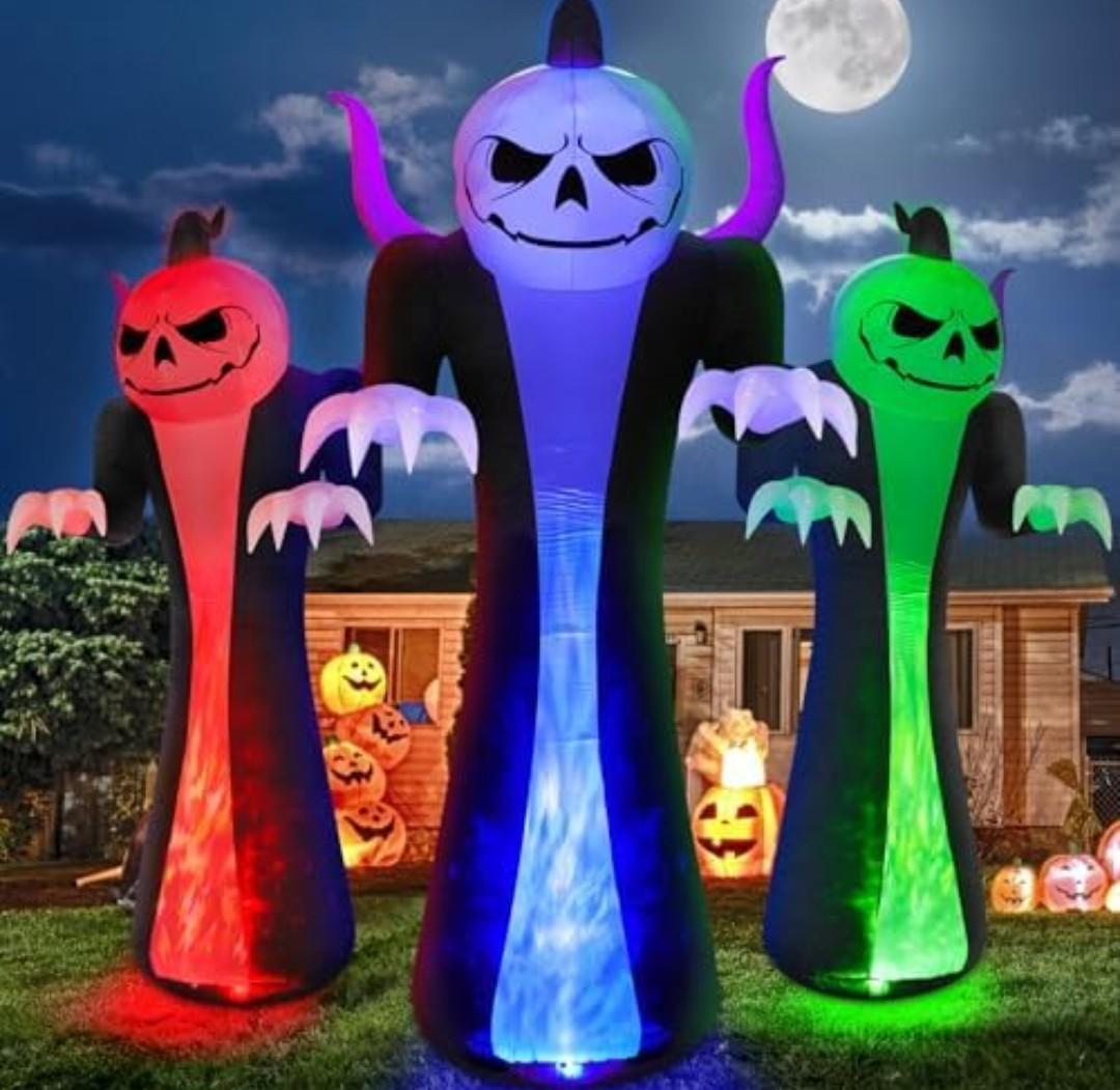 12FT Halloween Inflatables Decoration Outdoor Giant Pumpkin Reaper Ghost with 3-Colored Rotation Flame LEDs Spooky Halloween Blow Up Yard Decorations Outdoor Holiday Party Yard Lawn Decor