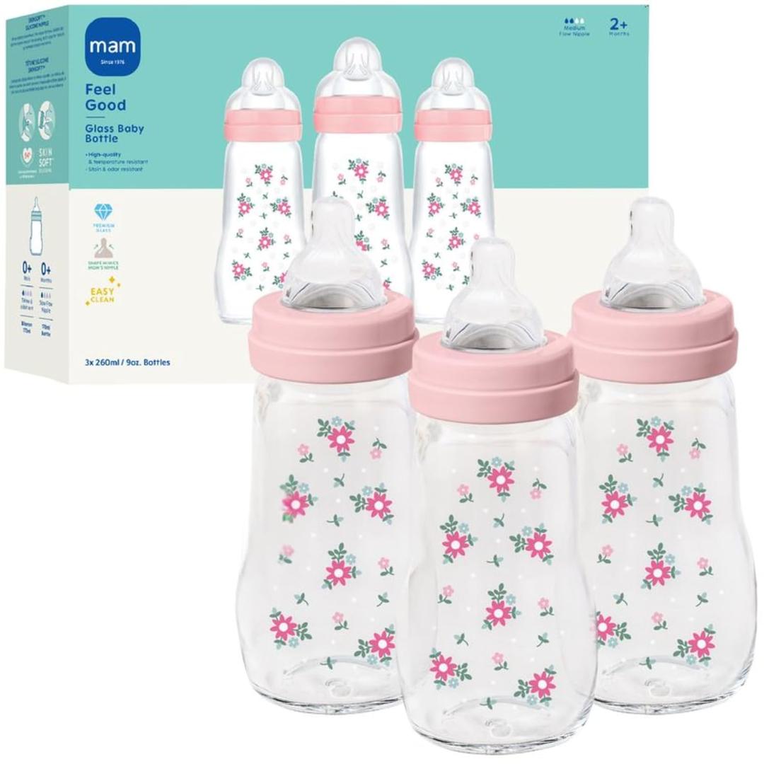 MAM 9oz Premium Glass Wide Neck Baby Bottle with Medium Flow Breastfeeding-Like Silicone Nipple, Easy to Clean, BPA Free, 2+ Months, Easy Switch Between Breast and Bottle, Made in Europe, 3 Pack (Pink Fairy Dust)