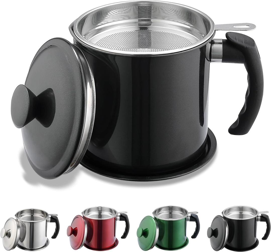 Kyraton Black Bacon Grease Container With Strainer, 48 oz Black Coating Stainless Steel Oil Container, Pot Fat Storage With Lid, Easy Grip Handle Suitable For Storing Frying Oil And Cooking Grease