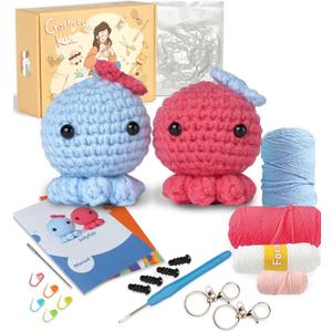 Crochet Kit for Beginners,Crochet Animal Kit 2 Octopus for Adults and Kids with Step-by-Step Video Tutorials,DIY Knitting Supplies,40% Extra Practice Yarn