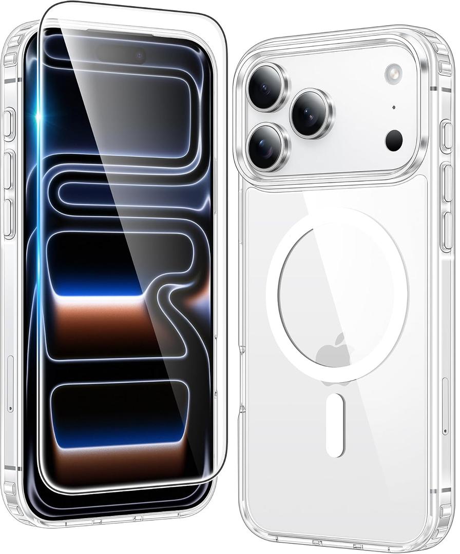 FNTCASE for iPhone 17 Pro Case: Compatible with Magsafe Clear Magnetic Phone Cases Drop Proof Anti Yellowing Slim Shockproof Rugged Protective Transparent Cell Cover with Screen Protector(Clear)