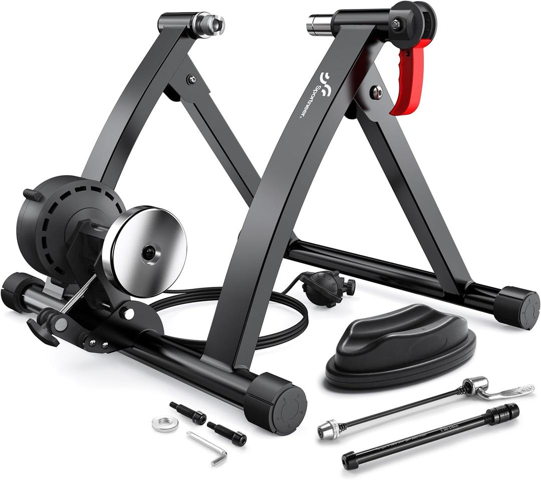 Sportneer Bike Trainer - Magnetic Stationary Bike Stand for 26-28" & 700C Wheels - Adjustable 6 Level Resistance Bike Trainer Stand for Indoor Riding with Quick Release Lever & Front Wheel Riser Block (Black with Thru Axle Adapter)