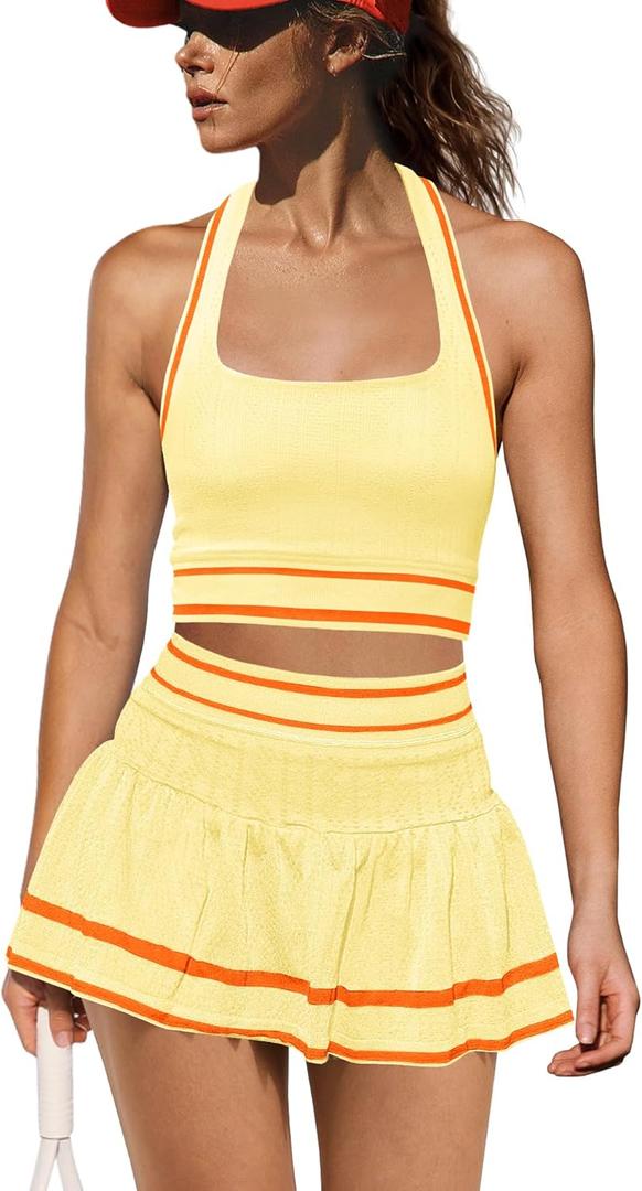 Yanekop Womens Tennis Skirt Set 2 Piece Workout Sets Golf Outfits Athletic Sets Cropped Tank Top and Skort with Shorts (Medium, Lemon Yellow)