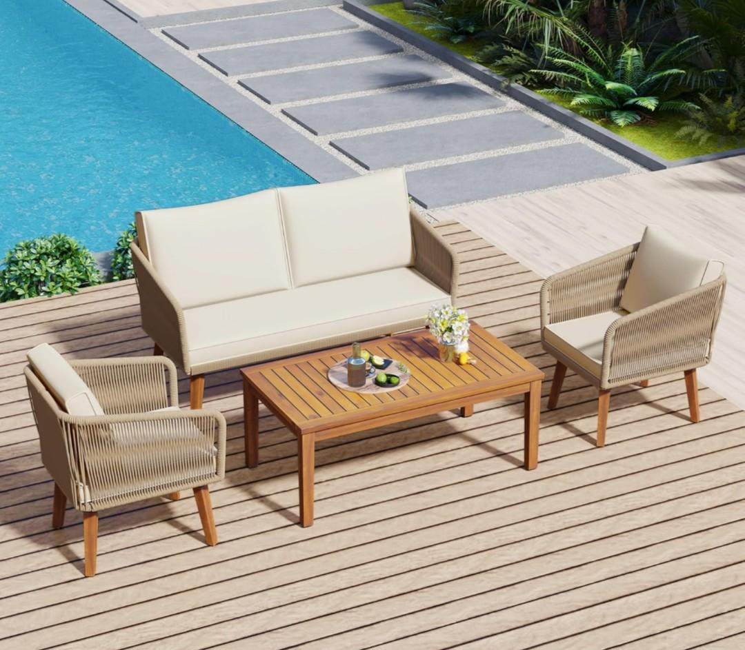 Generic Modern 6-Piece Rope Patio Furniture Set, Outdoor Furniture with Acacia Wood Cool Bar Table with Ice Bucket, Deep Seat Patio Conversation Set with Two Stools for Backyard Porch Balcony (Black & Beige)