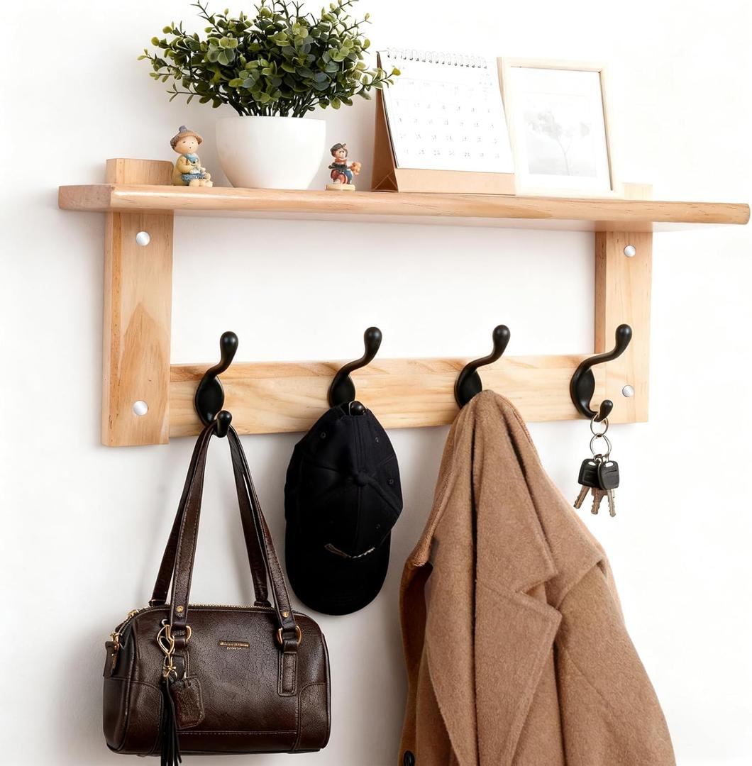 L&lonpa 1 Pcs 17 Inch Wall Mounted Hoat Hook with Shelf, Wooden Hook Rack with 4 Hooks, for Coats, Bags, Keys, Hats, in The Entryway, Bathroom, Bedroom