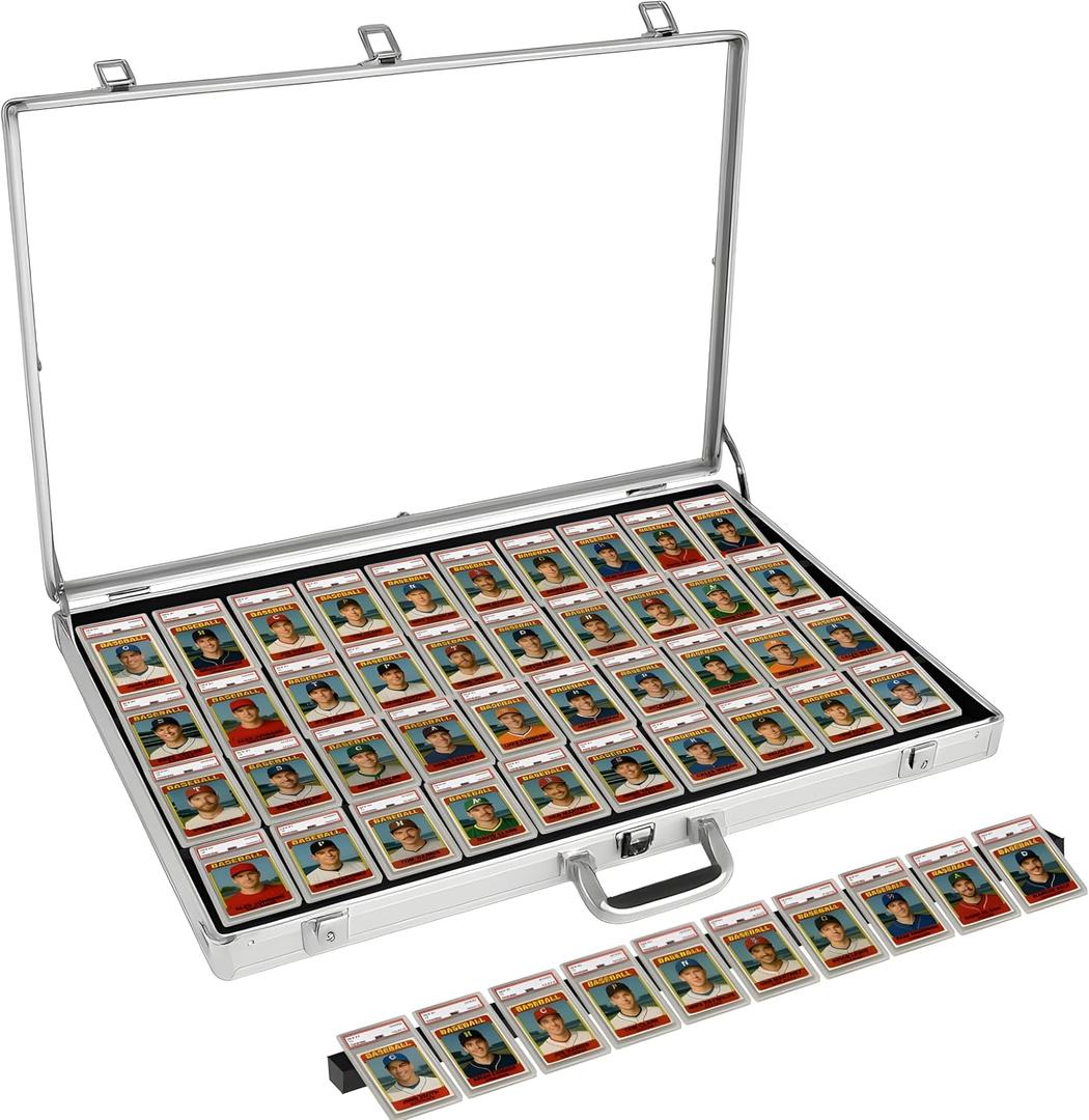 Sports Card Display Case Trade Show Display Case for TCG Pokemon Trading Cards and Jewelry Table Top Display Hold Upto 52 Slabs Made of Aluminum Acrylic Glass Anti Theft Lock Portable 34x22