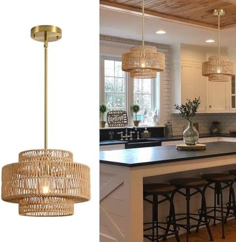 12.4” Boho Rattan Chandelier Light Fixture, 1-Light Hand Woven Pendant Light Fixture Farmhouse Rustic Hanging Lamp for Kitchen Island Bedroom, Dining Room, Living Room, Entryway, Foyer