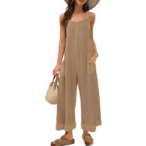 Panadila Womens Waffle Knit Jumpsuit Casual Wide Leg Jumpsuits Oversized Long Rompers Open Back Loose Overalls M
