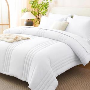 CozyLux King Size Comforter Set White - 7 Pieces Bed in a Bag, Modern Vertical Quilted Room Decor, Soft All-Season Bedding Gift with Comforter, Sheets, Pillowcases & Shams