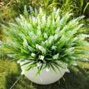 16 Bundles Artificial Plants Outdoor, UV Resistant Fake Lavender & Monkey Grass, Realistic Plastic Faux Plants for Balcony, Patio, Porch Greenery Decor, Planter Filler(White)