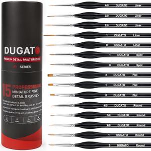 DUGATO Fine Detail Paint Brush Set (15pc) - Miniature Brushes with Ergonomic Triangular Handles & Travel Case for Acrylic, Watercolor, Oil, Models & Warhammer