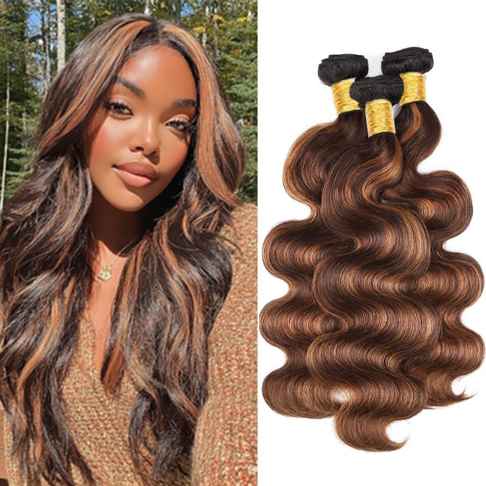 BilltiiWW Highlight 1BP430 Body Wave Bundles Ombre Body Wave Bundles Brown and Light Brown two tone Brazilian Soft and Silky for Black Women 12 14 16 Inch
