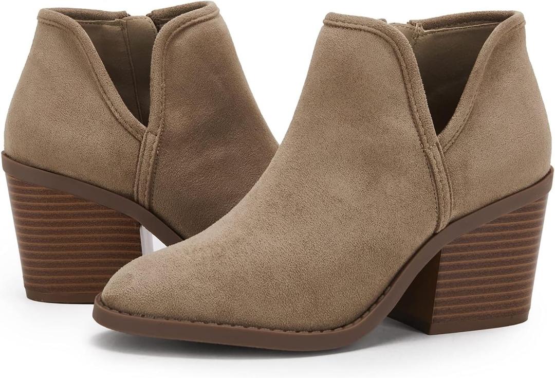 Womens Ankle Boots Chunky Stacked Heel Slip on Shoes Faux Suede Side Zipper Casual Western Booties 11