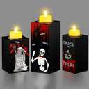 BlcTec Halloween Decorations, 3 PCS Halloween Wood Candle Holders with LED Tea Lights & 3D Carving Craft, Spooky Wood Candle Centerpieces for Home, Table, Office, Tiered Tray, Shelf Dcor, Black Color