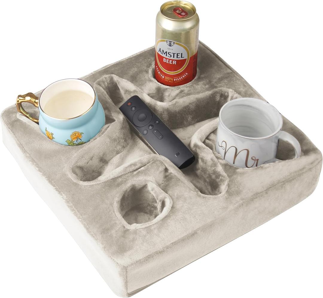Couch and Bed Cup Holder Pillow, Sofa Refreshment Tray for Drinks/Remote Control/Snacks Holder (Beige)