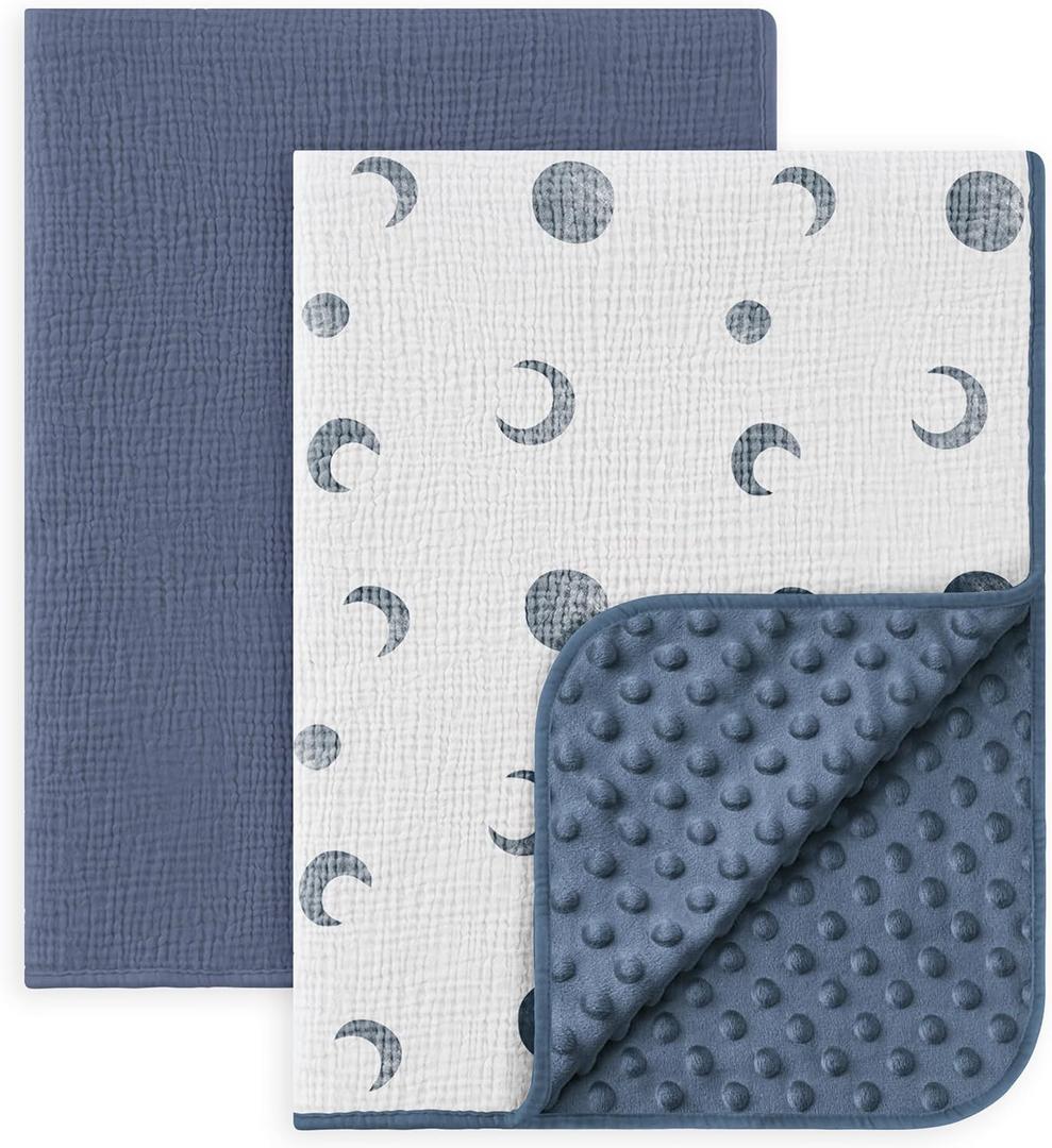 Susurration Baby Blanket for Unisex Boys Girls, 2 Pack Soft Fluffy Crib Blankets with Muslin Cotton Front and Dotted Fleece Back, Receiving Blanket for Baby Newborn Infant, 30x40in, Bluemoon&Navy Blue