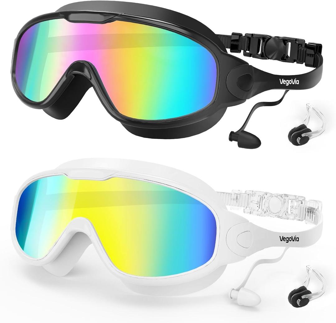 VegoVia Adult Swim Goggles 2 Pack, Anti-Fog 180° Wide View UV Protection Pool Swimming Goggles for Adult Youth Men Women