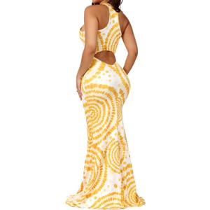 EDITCOZY Women Sexy Bodycon Maxi Dress Tie Dye Beach Summer Dresses Halter Backless Vacation Long Sundress (Small, Yellow)