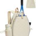 Tennis Bag, Quilted Tennis Racket Backpack for Women and Men Holds 1-2 Rackets, Lightweight and Water-resistant Sports Backpack for Pickleball and Badminton (Cream)