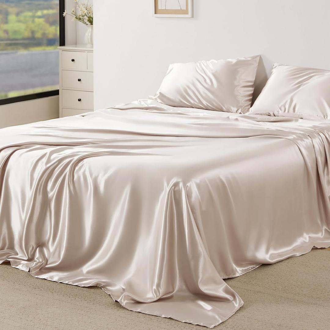 Bedsure Satin Sheets Queen Size Bed Set - Luxury Silky Bed Sheet Set, Ultra Soft & Wrinkle Free, Good for Hair & Skin, Gifts for Women, 15 Inches Deep Pocket, 4-Piece (Queen, Beige)