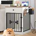 Hzuaneri 24.6'' Dog Crate Furniture with Charging Station, Dog Kennel Indoor with Flip-Top Storage, Wooden Pet Cage Dog House End Side Table for Small Dogs Anti-Chew Anti-Escape, White Brown DFC90114B