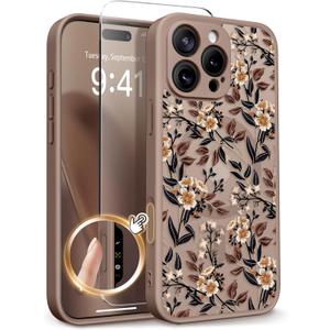 GVIEWIN for iPhone 16 Pro Case Compatible with MagSafe, [Military Grade Protection] [Screen Protector] Full Camera Protection Floral Translucent Women Magnetic Phone Case, Bunchflower/Brown