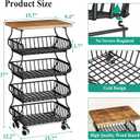 SAYZH Fruit Basket Kitchen Pantry Organizers and Storage - Wooden Top Table, Stackable Metal Wire Basket Stand Cart for Fruit Vegetable Snacks Onion Potato Organization (Black, 5 Tiers)