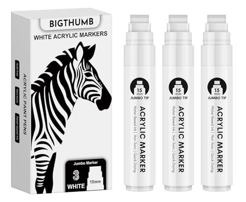 BIGTHUMB Thick White Jumbo Poster Markers: 3 Pcs 15mm Wide Tip Large Acrylic Paint Pens Big Permanent Markers Calligraphy Marker for Rock Painting, Sign, Canvas, Glass, Wood, Ceramic