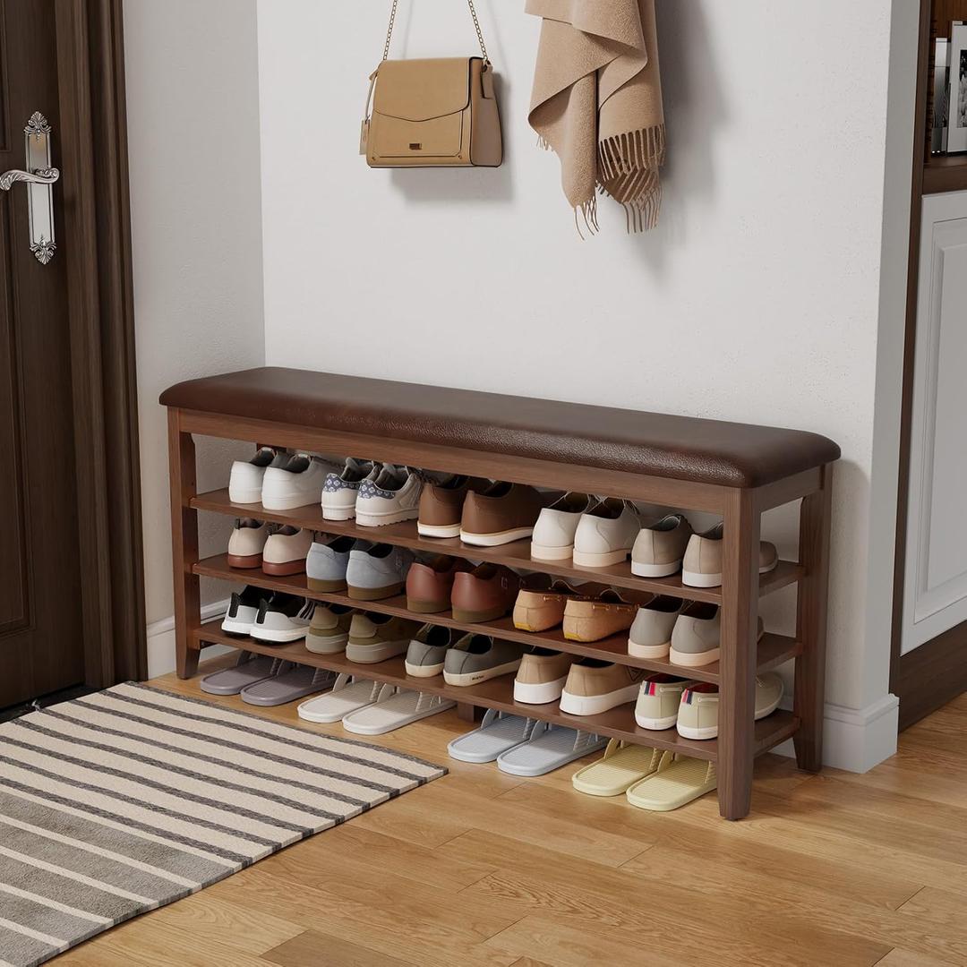 AQIMUELE Shoe Bench with Leather Cushion, 3 Tiers Shoe Storage Bench Height Adjustable, Walnut Wood Entryway Bench for Hallway, Mudroom (47.2")