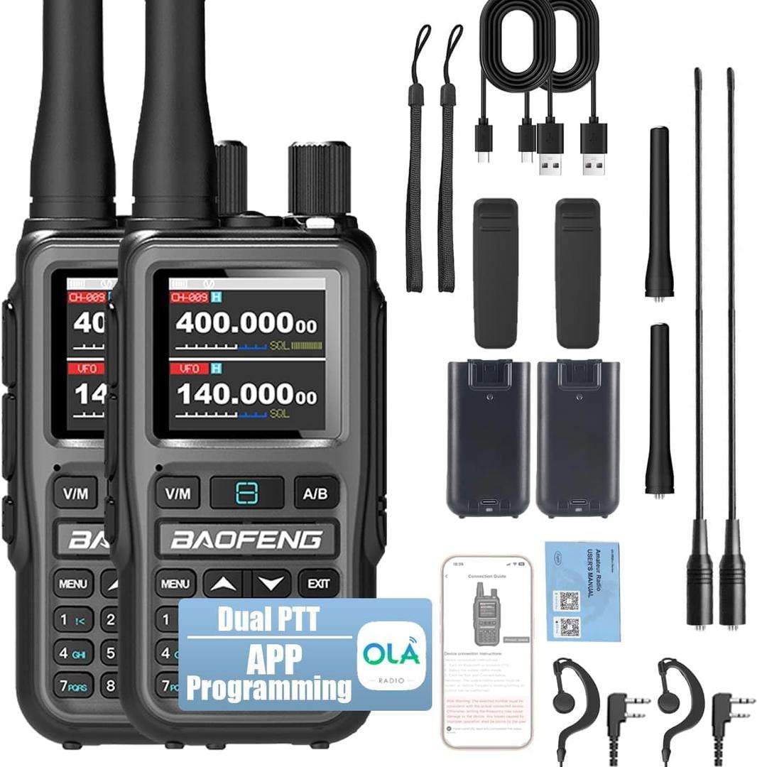 BAOFENG UV-5R Mini Ham Radio Long Range Handheld Two Way Radio, Bluetooth APP Programming Walkie Talkies 2 Pack, 999CH One-Key Copy Frequency, NOAA Weather, USB-C Charging(Grey)