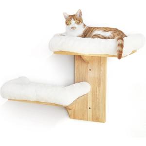 FUKUMARU Cat Wall Shelves, 2 Platform Cats Walls Furniture, Tree Shape Kitten Floating Shelf with Soft Cushion Perch, Solid Rubber Wood for 16 Inch Drywall, Suitable for Climb, Play, Nap