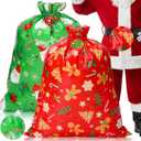 Hillban 2 Pcs Extra Large Christmas Drawstring Gift Bags with Cards 39'' x 32'' Non Woven Thick Holiday Grocery Bags Jumbo Red and Green Santa Backpacks for Xmas Game Party Supplies