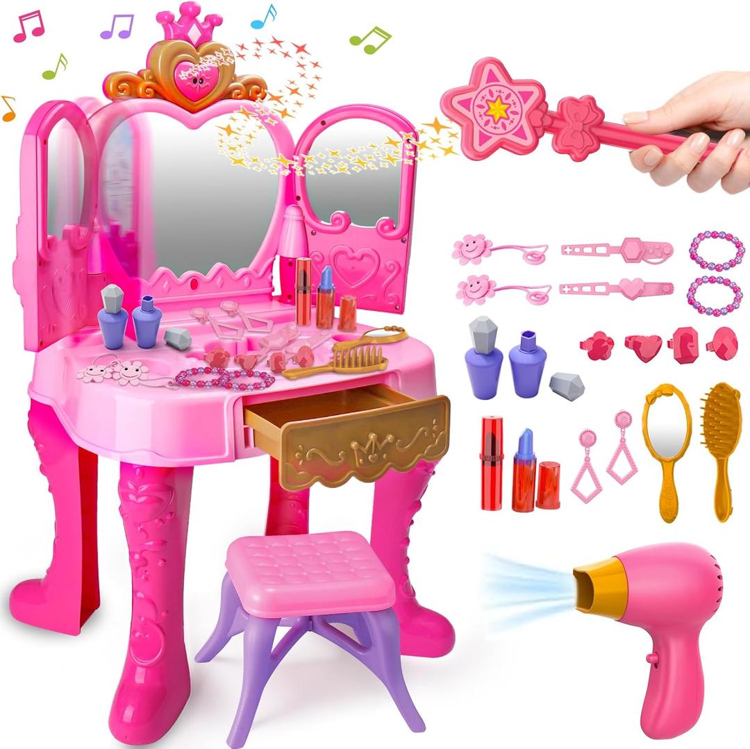 Toddler Vanity Magic Makeup Set Table and Chair Girl Toy Automatically Mirror with Music Light Pink Toys for 3 4 5 Year Old Girls Hair Salon Pretend Play Princess Dress Up Playset Gift Toddler 3-5