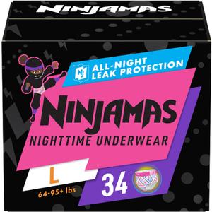 Ninjamas Nighttime Bedwetting Underwear Girls Size L (64-125 lbs) 34 Count 