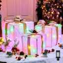 Set of 3 Christmas Decorations Lighted Gift Boxes with Bows12" 10" 8" with 60 Pre-Lit Mini String LightsFoldable LED Xmas Present Boxes for Tree Indoor Outdoor Holiday Party Yard Home Decor