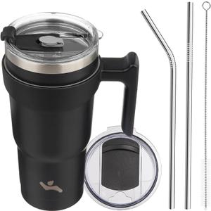 20 oz Tumbler with Handle and 2 Straw 2 Lid, Insulated Water Bottle Stainless Steel Vacuum Cup Reusable Travel Mug,Black