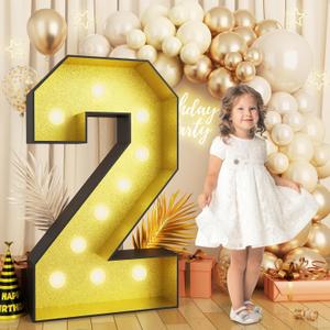 4FT Marquee 2 Numbers, Light Up 2 Glitter Gold Giant Marquee Mosaic Frame Light Up Numbers for 2nd 22 23 26 28 Birthday Party Decorations Mosaic Number 2,DIY Frame Pre-Cut Foam Board Kit