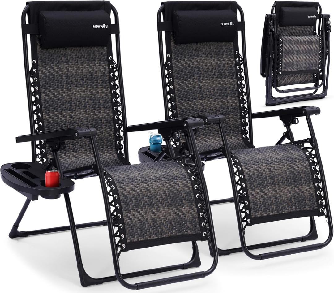 SereneLife Zero Gravity Lounge Chair Set of 2 Outdoor Reclining Patio Chairs with Rattan Side Table, Cup Holder & Pillow Foldable Lawn Chairs for Patio Furniture, Garden, Beach, or Indoor Relaxation, One Size