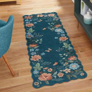 Lahome Floral Rugs for Entryway, 2x4 Washable Kitchen Rugs Ultra-Thin, Non Slip Indoor Door Mat Stain Resistant Boho Small Low-Pile Throw Carpet for Bathroom Bedroom Flore (2x4ft,Navy Blue)