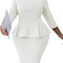 Runwind Plus Size Dress for Curvy Women Midi Church Wear to Work Bodycon Vintage Peplum 3/4 Sleeve Sheath Pencil Dress (XX-Large Plus, 002-white)
