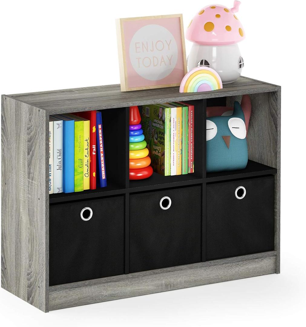 Furinno Basic 3x2 Cube Storage Bookcase Organizer with Bins, French Oak Grey/Black